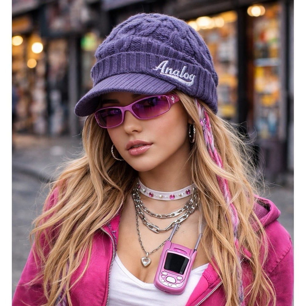 Analog purple winter knitted hat with visor (Vtg 90s-00s Y2K)